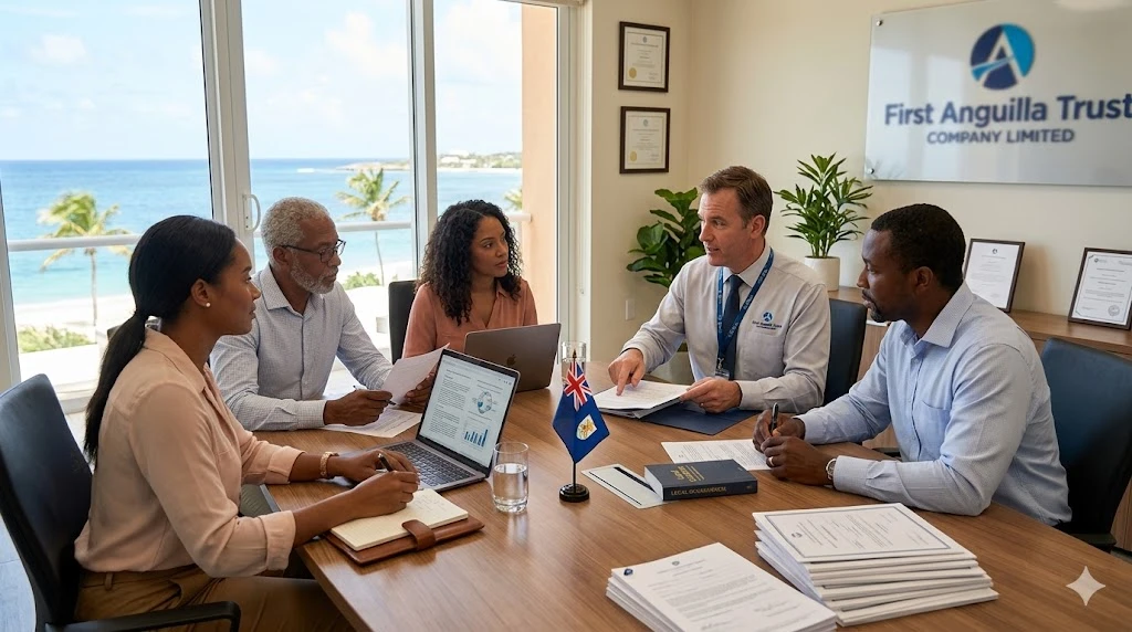 Offshore Business Name Registration consultation in Anguilla with entrepreneurs securing international company names at First Anguilla Trust Company Limited
